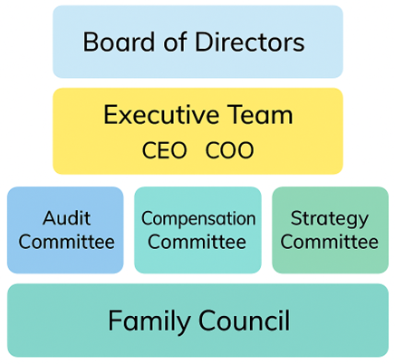 Family business governance structure diagram showing board of directors, family council, and management hierarchy