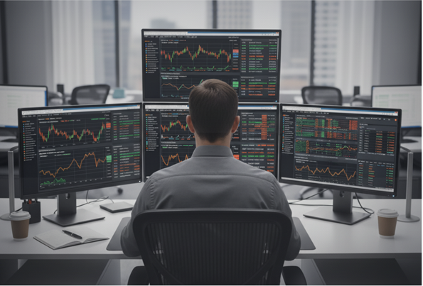 Equity research analyst using Bloomberg Terminal for financial analysis