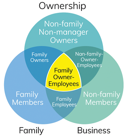 Three-circle Venn diagram of the family business model showing overlap of ownership, family, and management